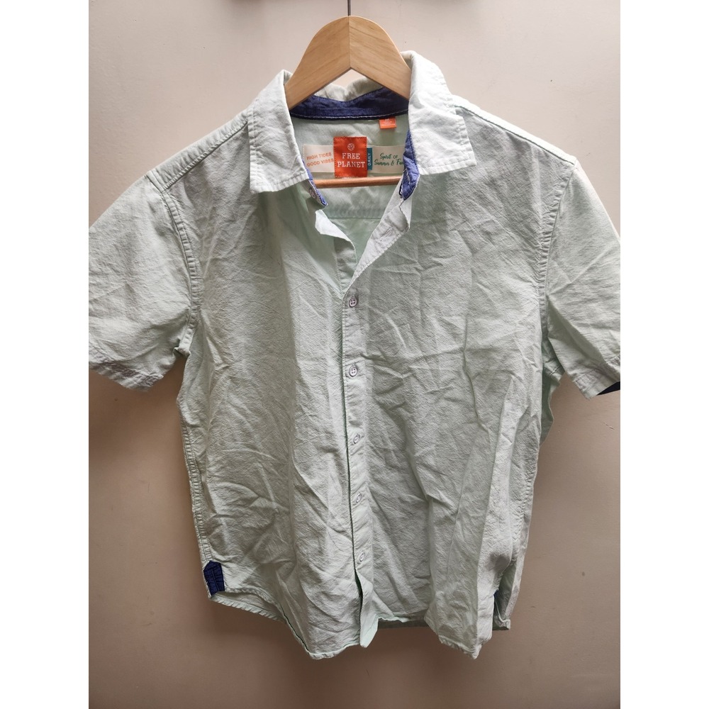 Free Planet Mens Short Sleeve Button Down Shirt Mint Green Cotton Casual Size M‎
